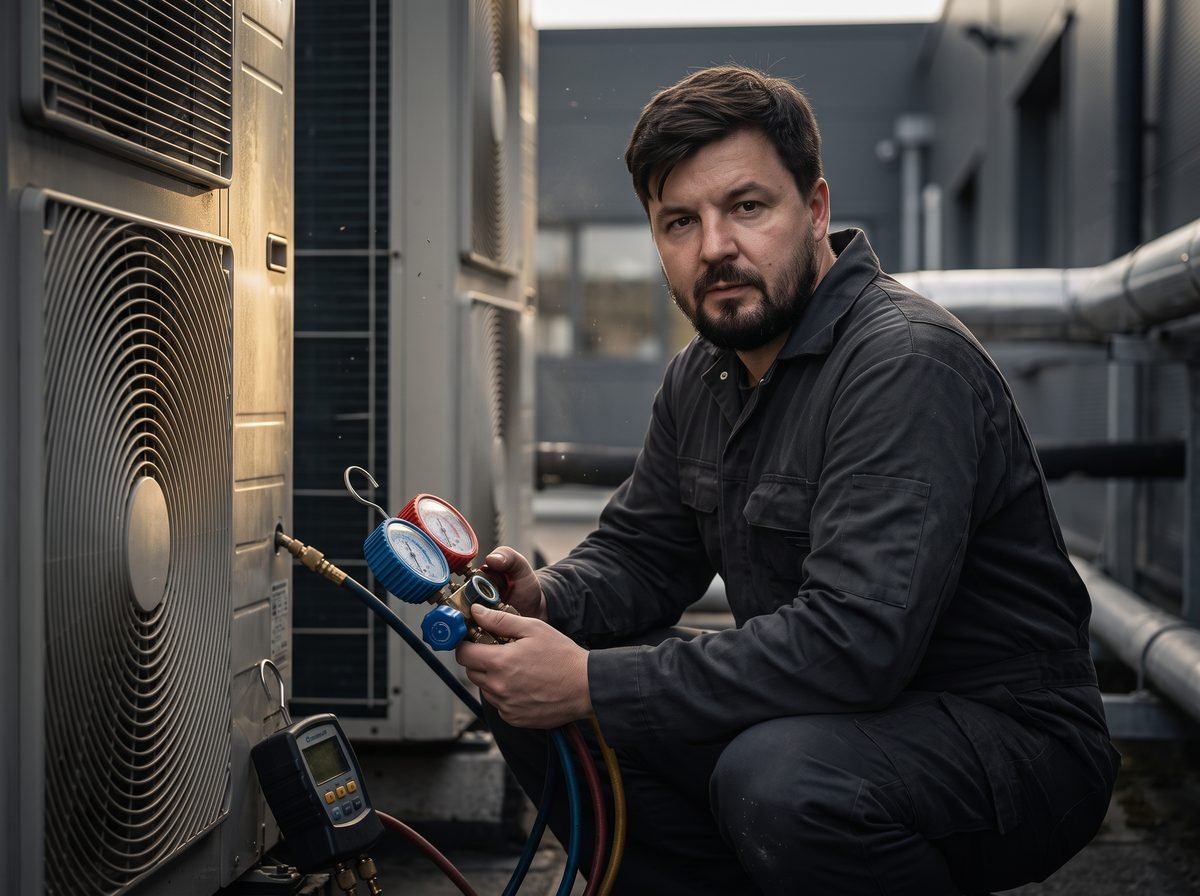 Plumbery engineer during air conditioning commissioning with manifold gauges and a vacuum gauge
