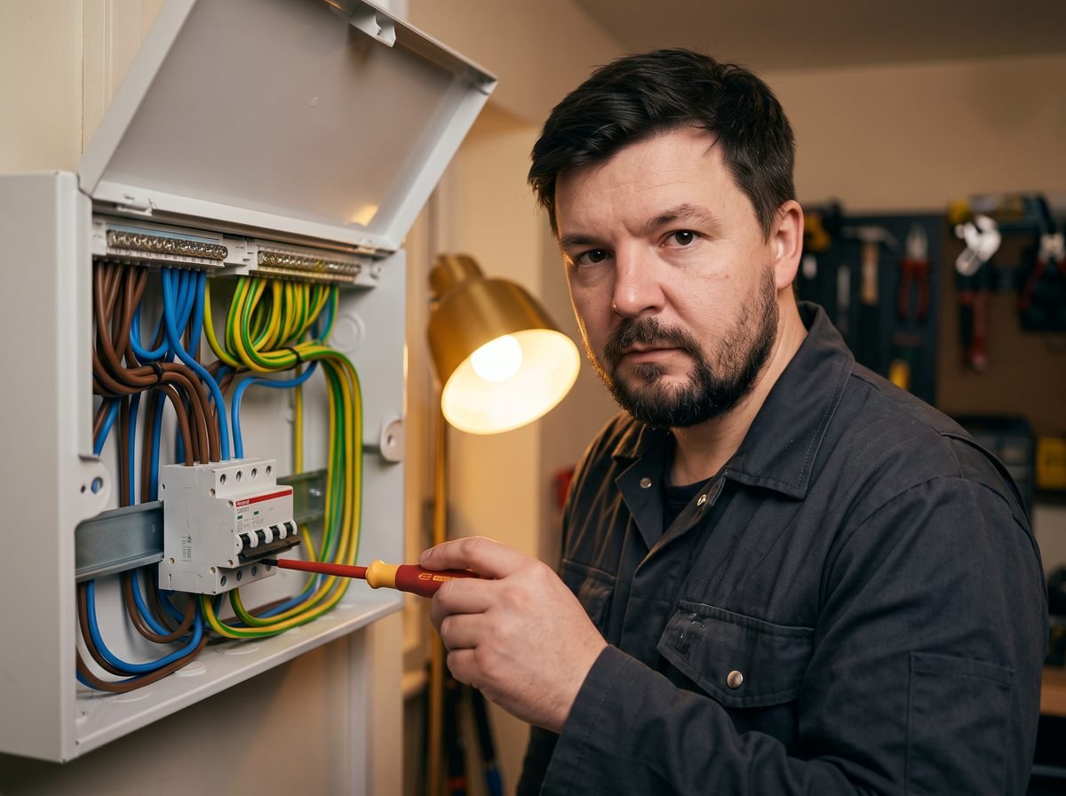 Plumbery electrician at an open consumer unit making an air conditioning electrical connection
