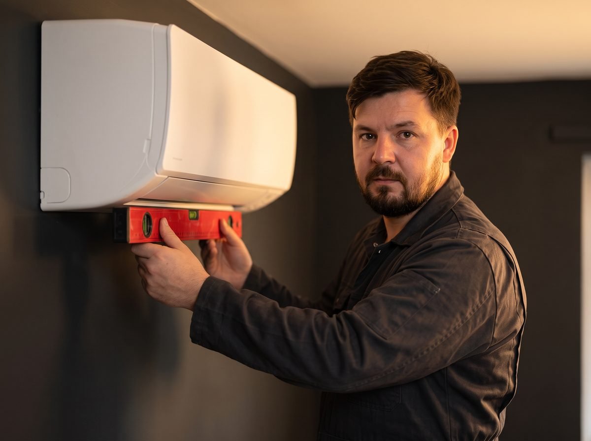 Plumbery engineer checking a newly fitted indoor air conditioning unit with a spirit level