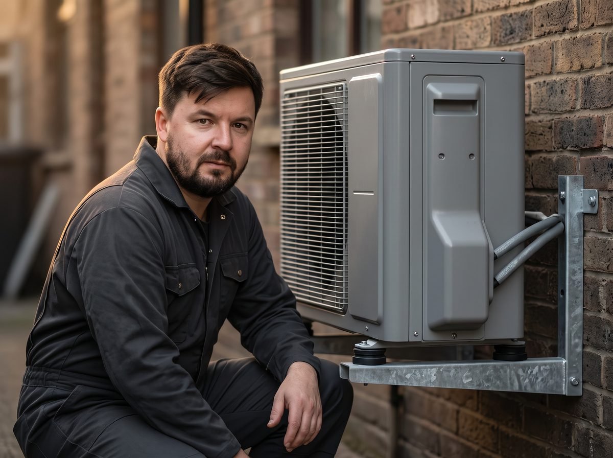 Plumbery engineer beside an outdoor air conditioning unit on a galvanised wall bracket with anti-vibration mounts