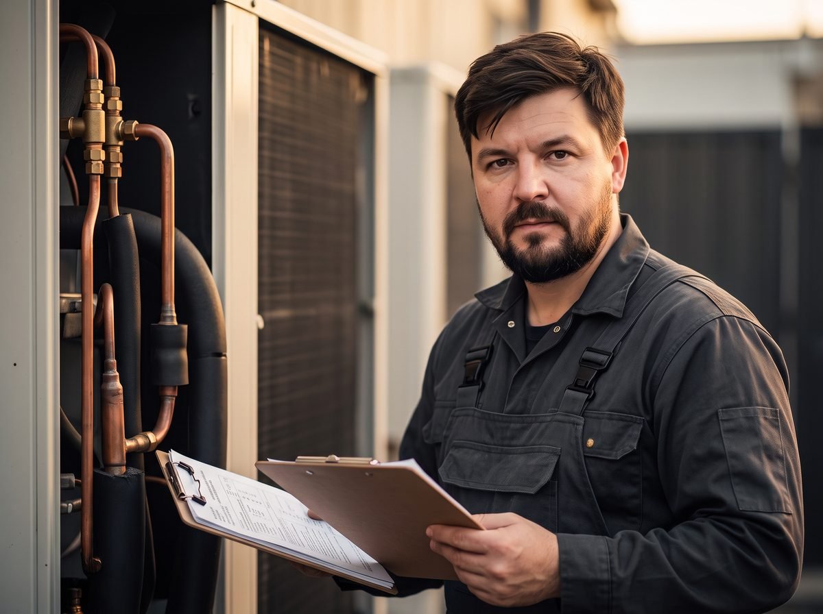 Plumbery engineer with installation paperwork beside air conditioning pipework connections