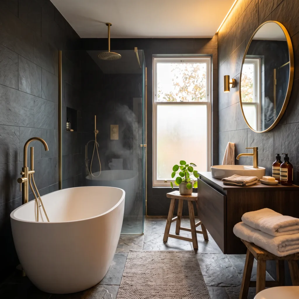 Finished luxury bathroom refurbishment with charcoal slate tiles, freestanding bath and brushed gold fittings