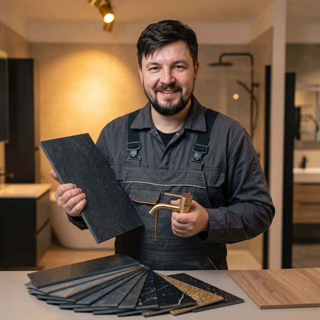 Plumbery engineer comparing charcoal tile samples and a brushed gold tap for a bathroom refurbishment