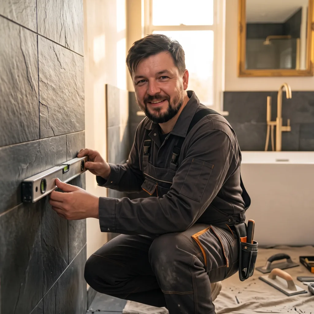Plumbery engineer checking a freshly tiled charcoal bathroom wall with a spirit level