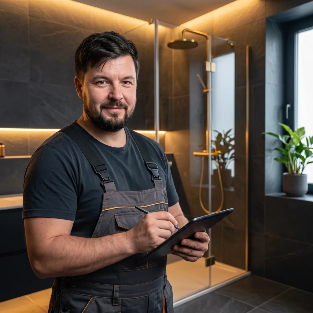 Plumbery engineer preparing a bathroom refurbishment estimate on a tablet in a charcoal and gold bathroom