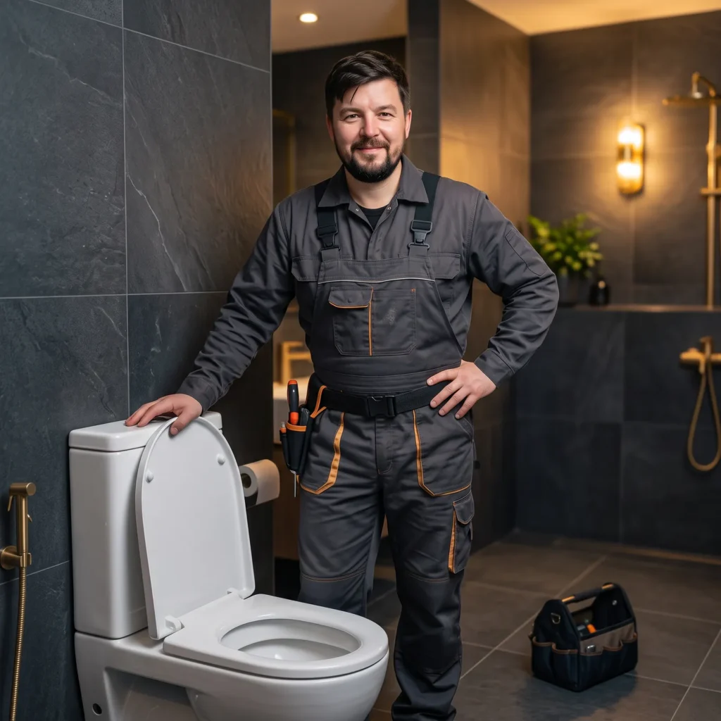 Plumbery engineer next to a newly installed white toilet in a charcoal slate bathroom with brushed gold fittings