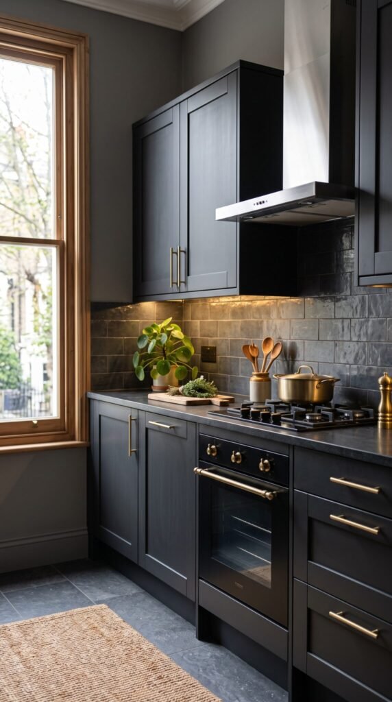 Charcoal fitted kitchen with brass handles and warm under-cabinet lighting after a kitchen refurbishment in London