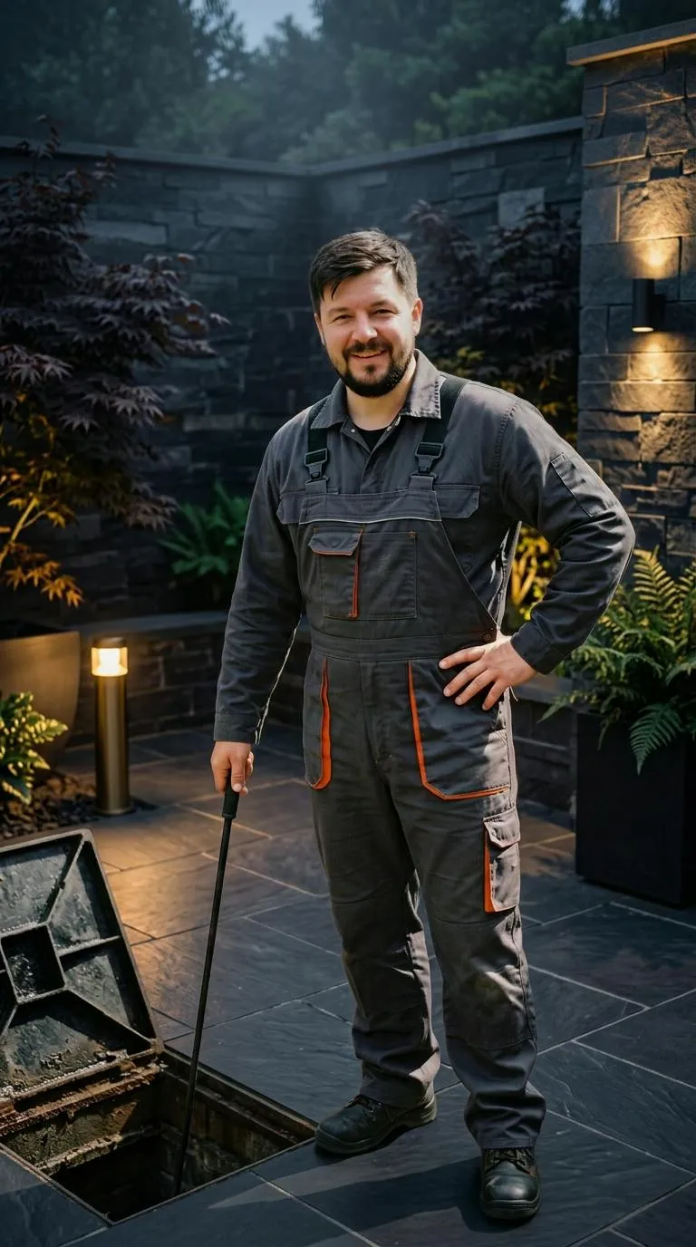 Plumbery engineer with drain rods by an open manhole