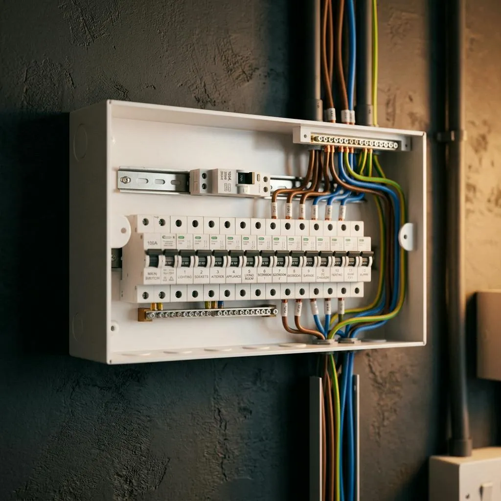 Open consumer unit on a charcoal wall