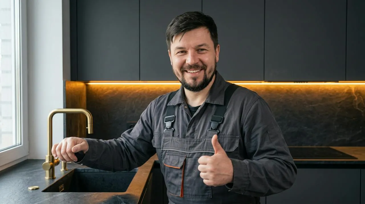 Plumbery engineer giving a thumbs up in a charcoal kitchen
