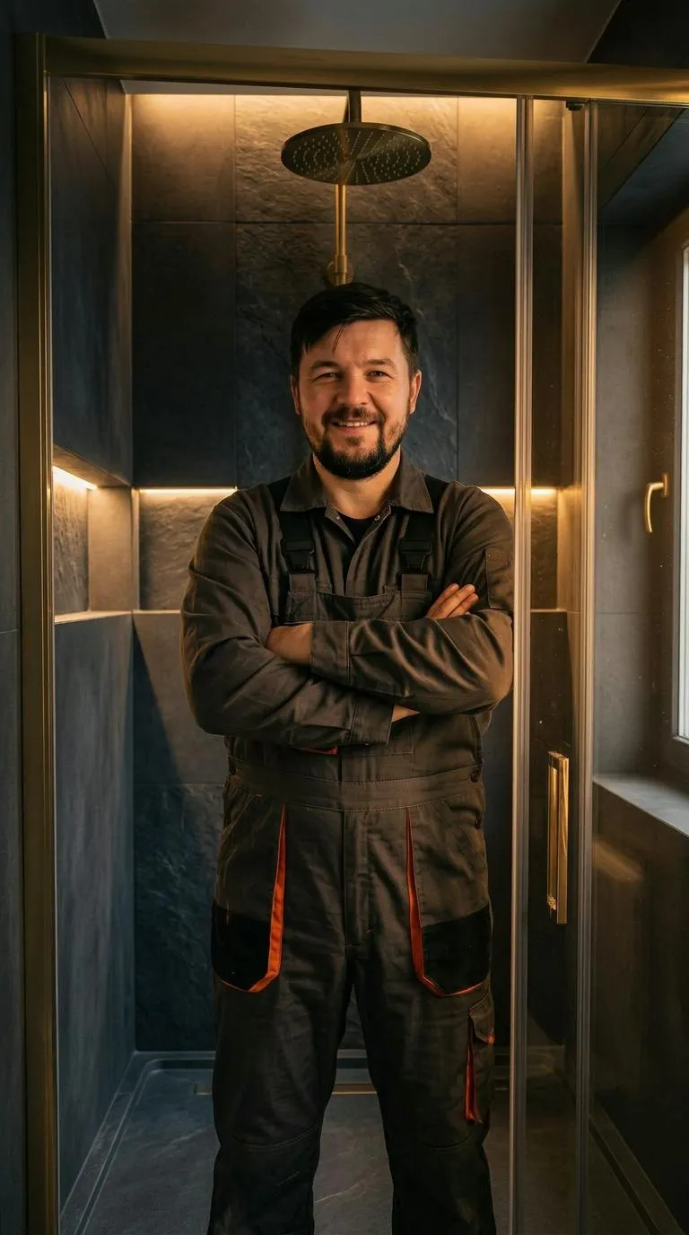 Plumbery engineer in a shower enclosure
