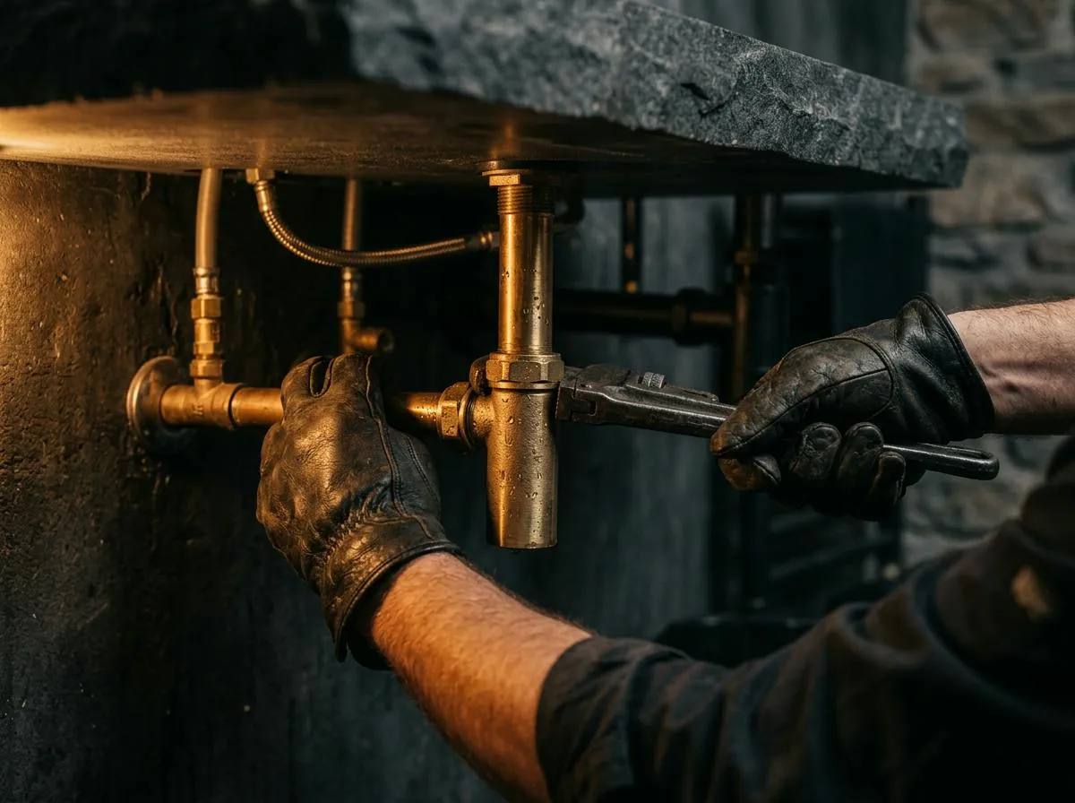 Gloved hands tightening a brass pipe fitting