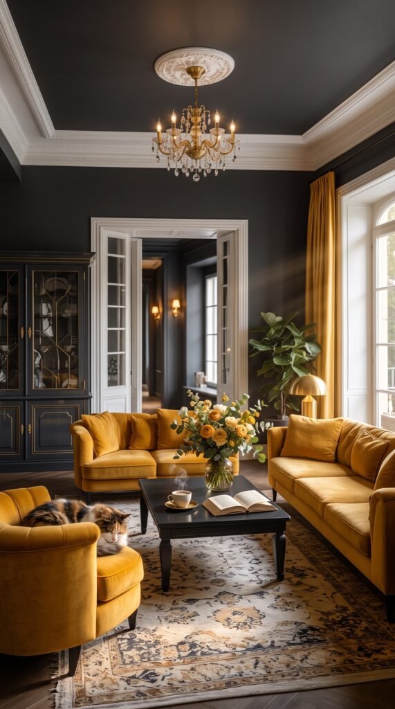Living room with charcoal walls, golden velvet sofas and a brass chandelier after a home refurbishment in London