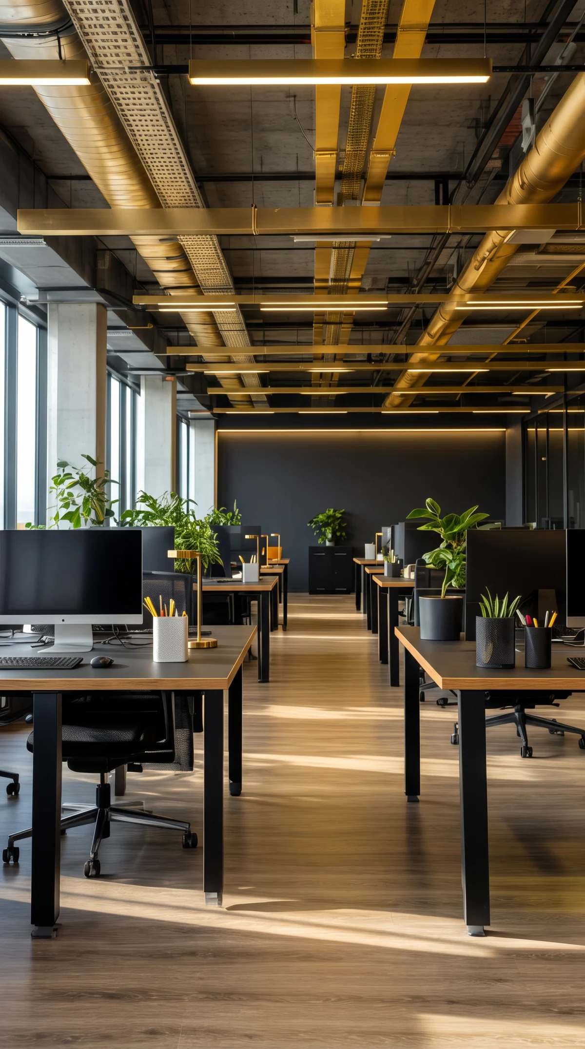Modern open-plan London office refurbished in charcoal and gold with new ceiling, lighting and flooring
