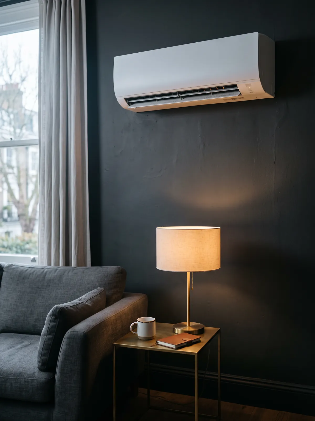 White wall-mounted air conditioning unit in a modern living room