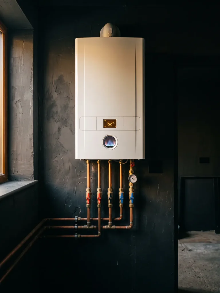 White wall-hung gas boiler with copper pipework