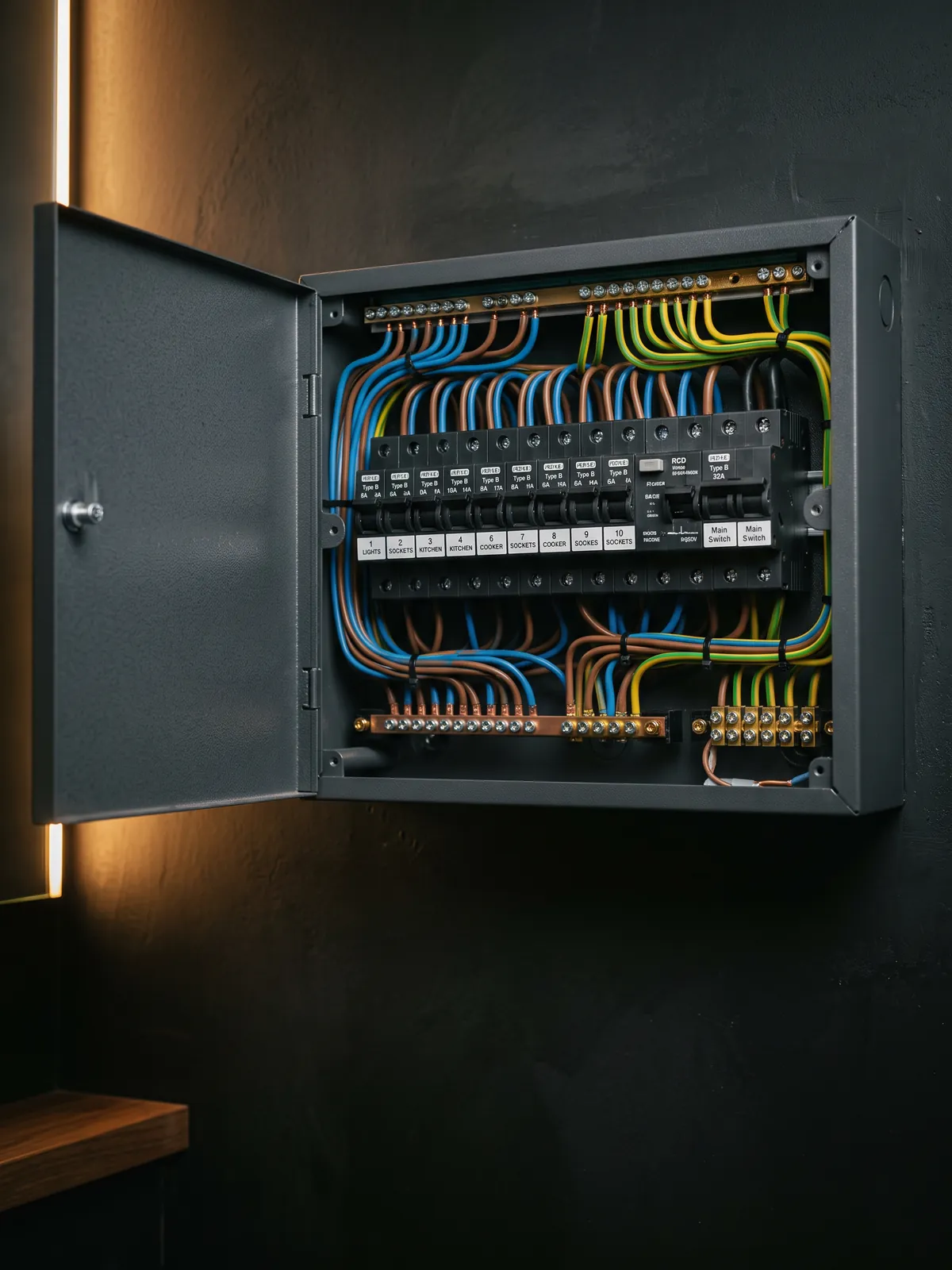 Open consumer unit with neatly labelled circuit breakers