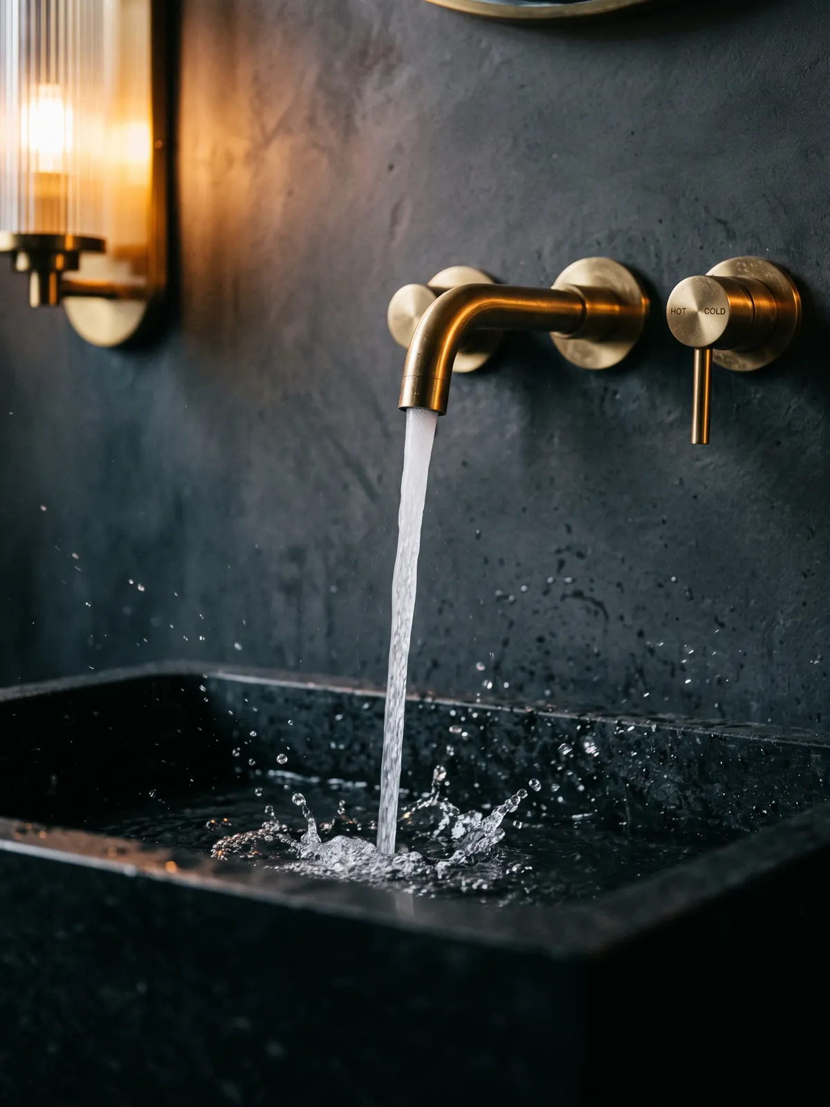 Brushed brass wall-mounted tap running into a dark stone basin