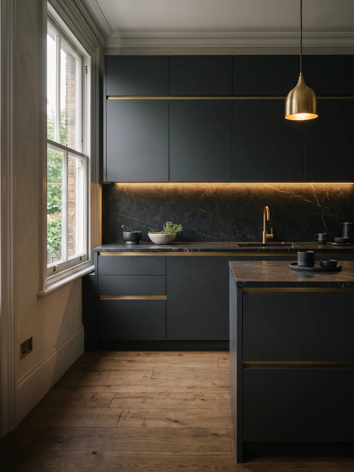 Refurbished dark kitchen with brass details